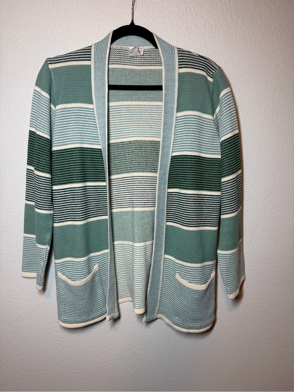 Vintage 70s Striped Belted Cardigan Sweater Sage Green Cream Cottagecore boho